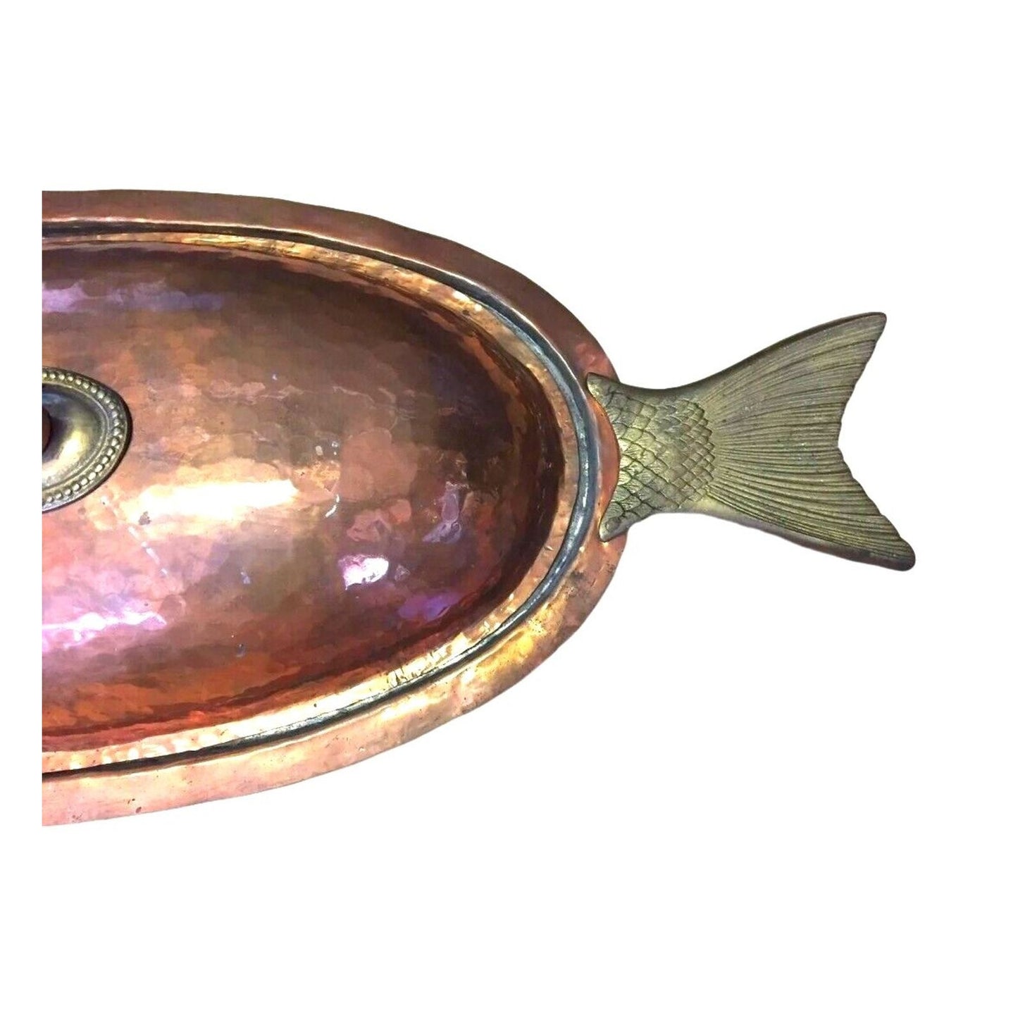 Antique Serving Dish Platter Cooking Lid Fish Seafood Oval Hammered Copper Brass