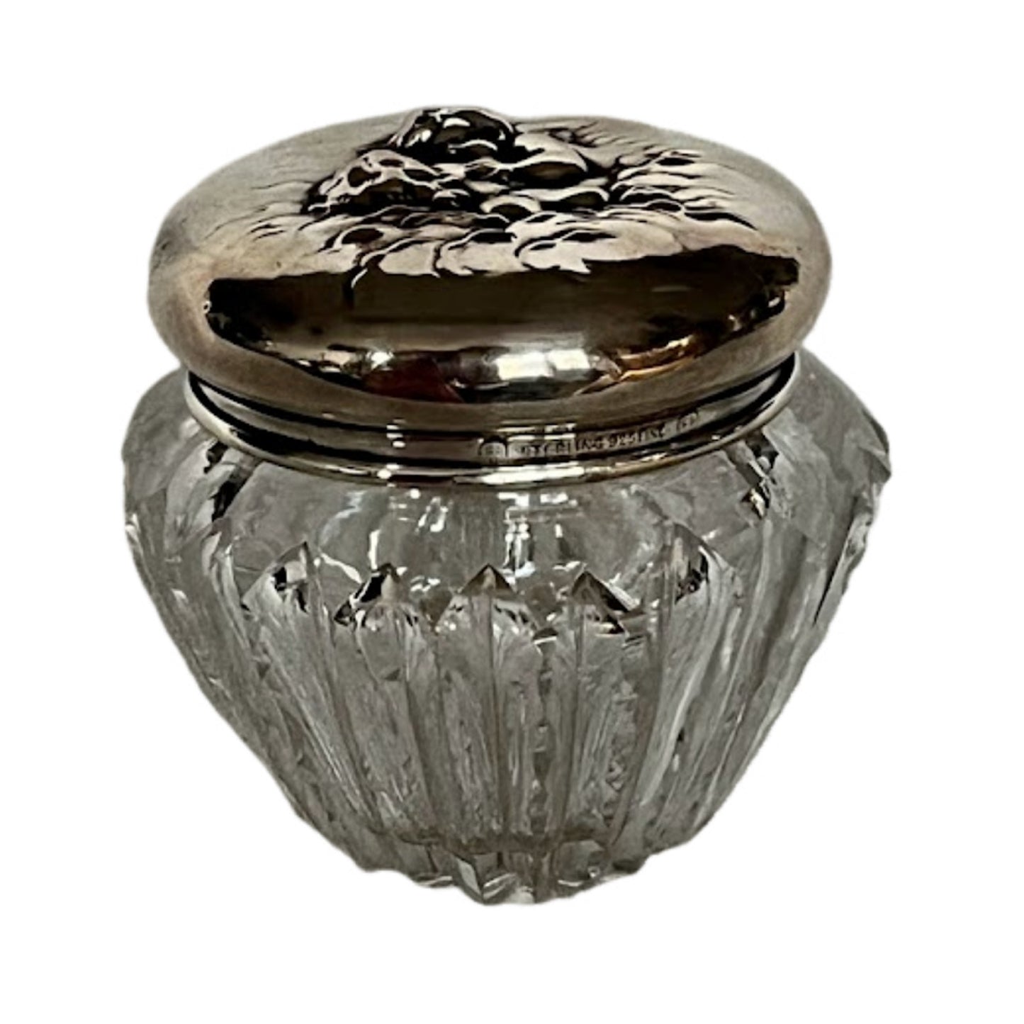 Unger Bros Crystal Powder Jar Repousse Love's Dream Art Nouveau Sterling Silver