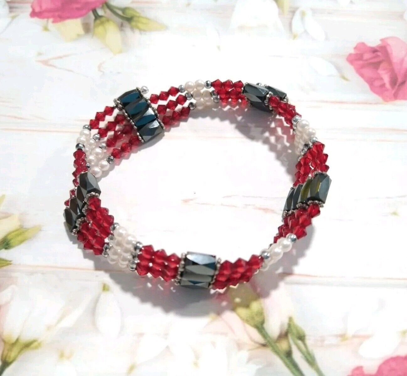 Burgundy Red Beads Faux Pearls Magnet Wrap Bracelet Stretch Beaded