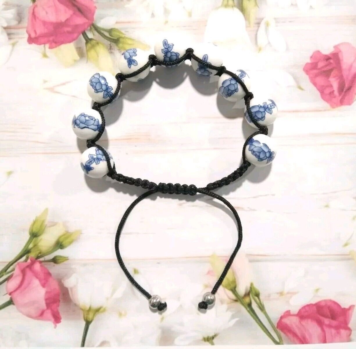 Estate Porcelain Beaded Braided Bracelet Black Cord Blue Flowers Adjustable