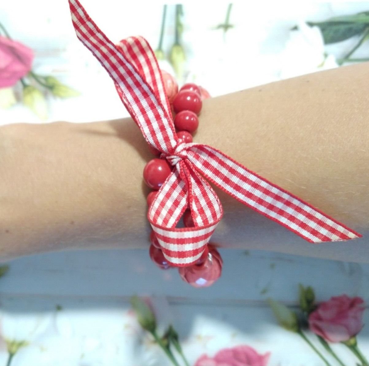 Red White Ribbon Two Layered Red Beads Adjustable Bracelet Stretch