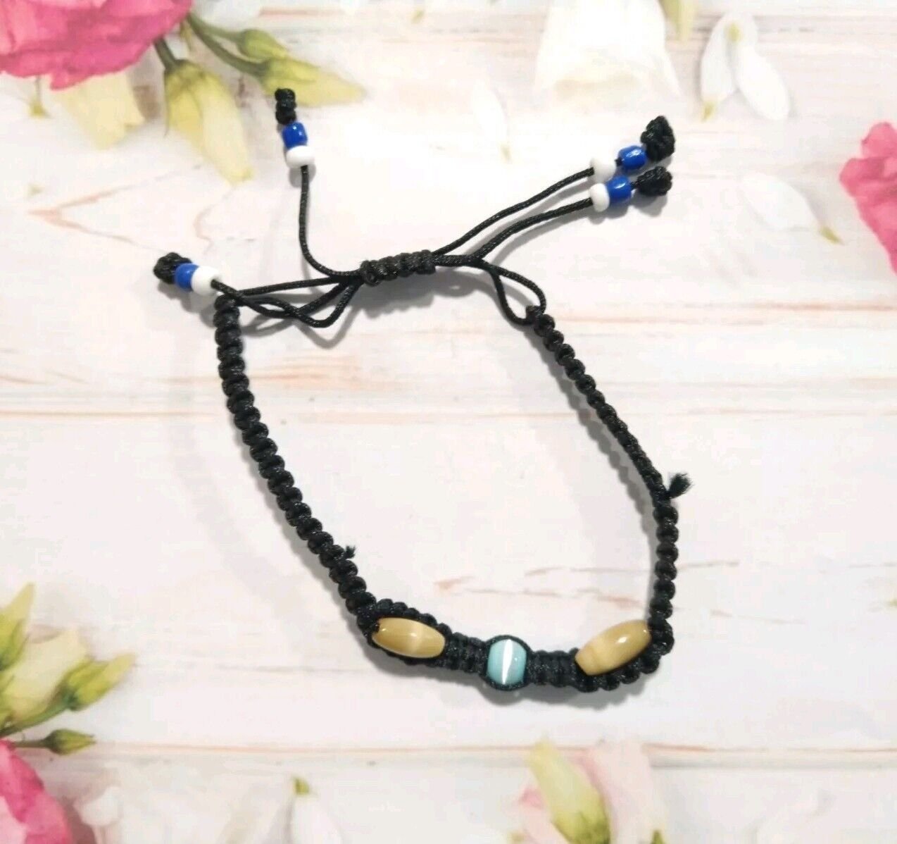 Black Braided Bracelet Brown Blue Eye Gemstone Beads Ajustable Style Handmade