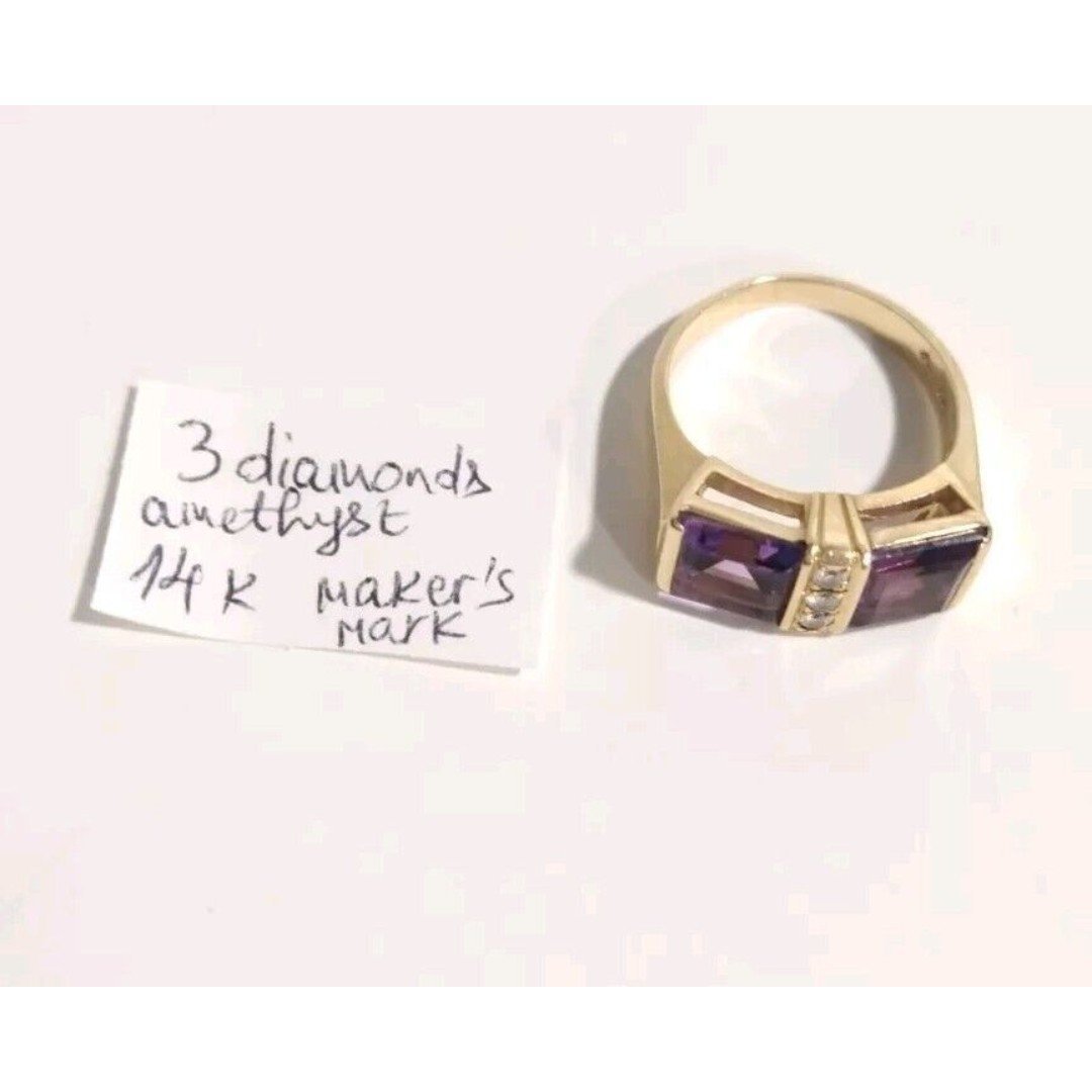14K Yellow Gold Princess Cut Purple Amethyst and Diamond Ring Men Women Designer