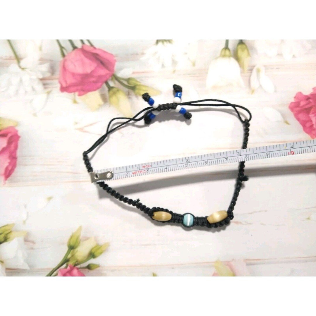 Black Braided Bracelet Brown Blue Eye Gemstone Beads Ajustable Style Handmade