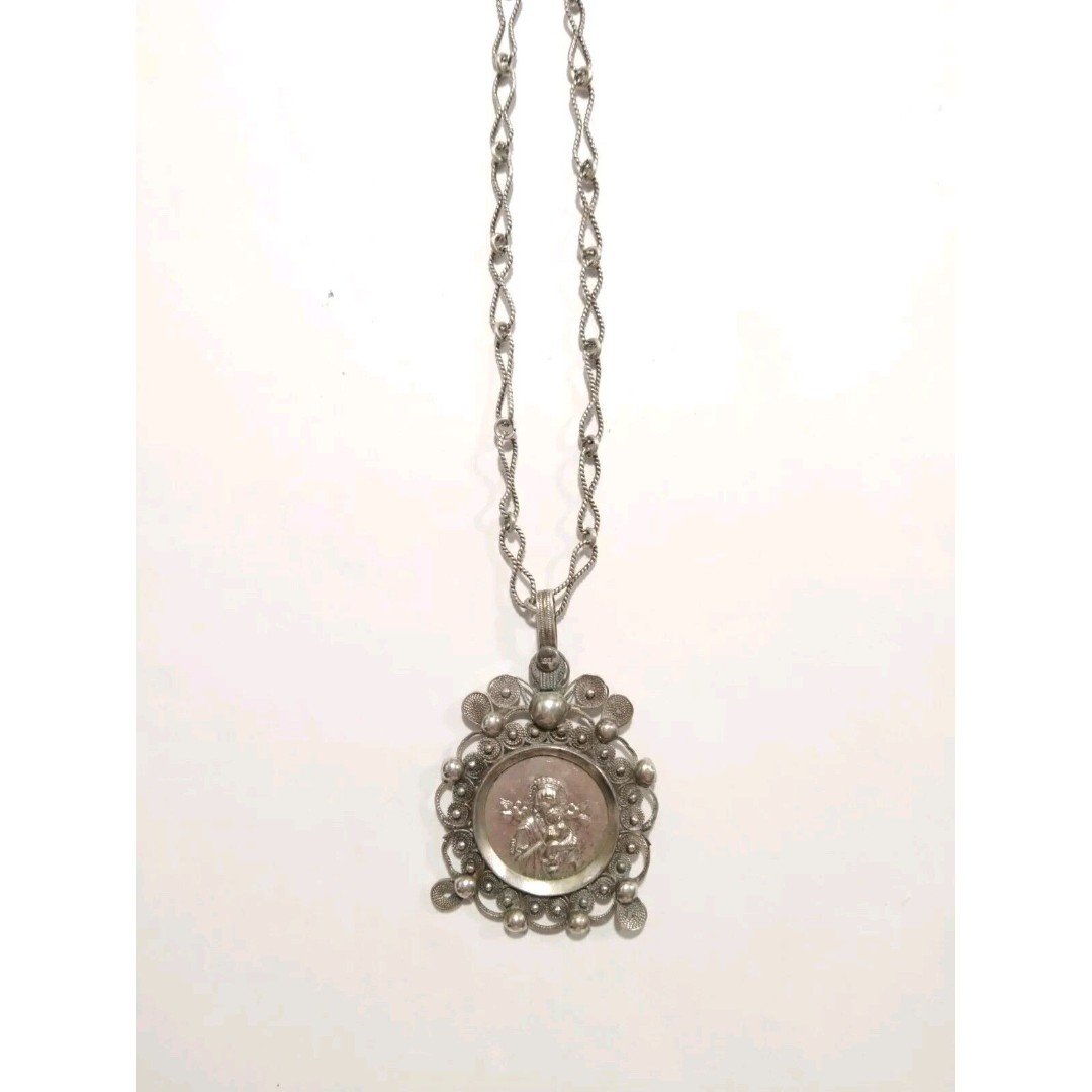 Antique Madonna w Jesus Pendant Medallion Necklace Sterling Religious Victorian