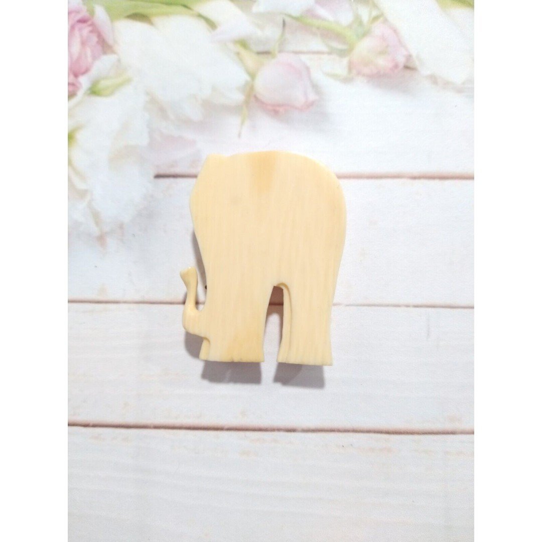Vintage Carved Resin White Elephant with Solid 14k Yellow Gold Inlay Pendant