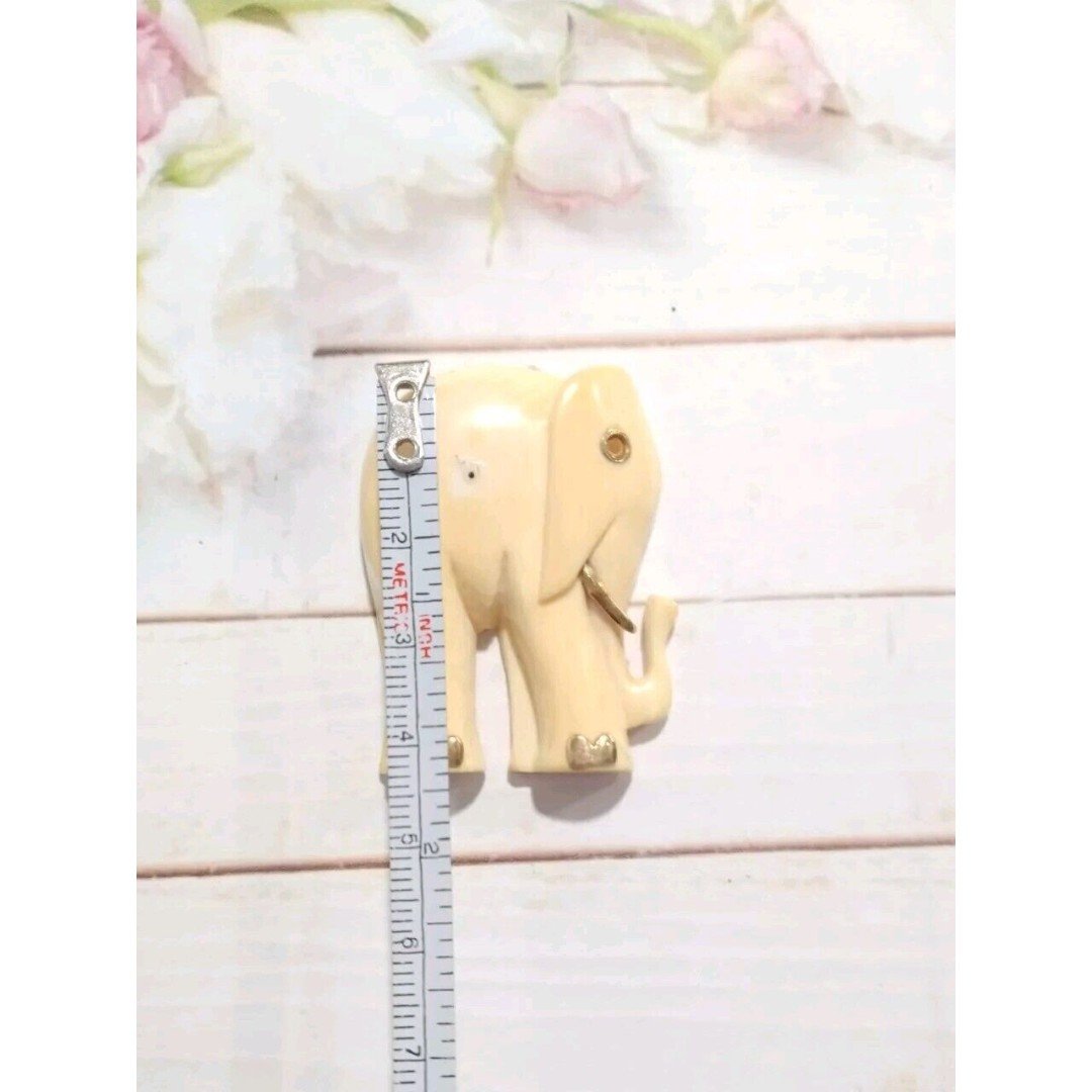 Vintage Carved Resin White Elephant with Solid 14k Yellow Gold Inlay Pendant