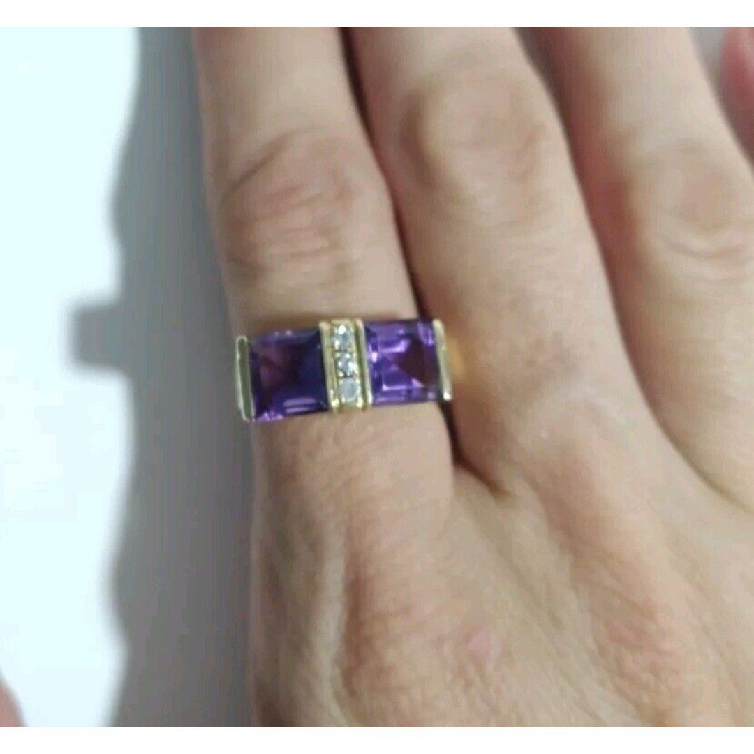 14K Yellow Gold Princess Cut Purple Amethyst and Diamond Ring Men Women Designer