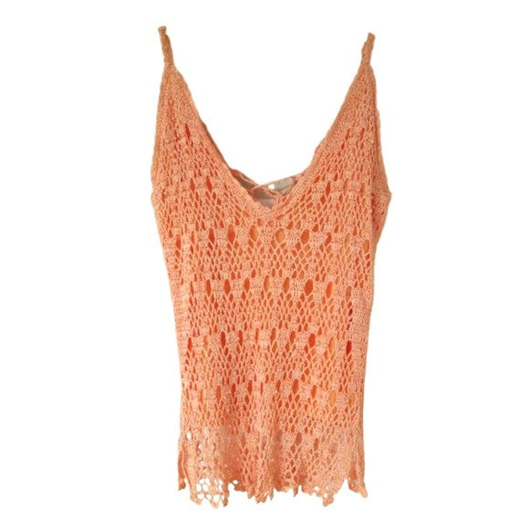 Orange Knitted with Pearls Women's Tank Top T-shirt Sleeveless Size S V-neck