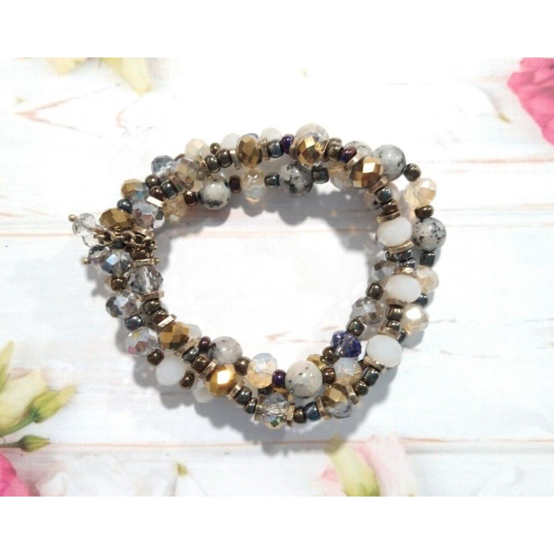 Brown Cream Three Layered Beaded Adjustable Bracelet Stretch