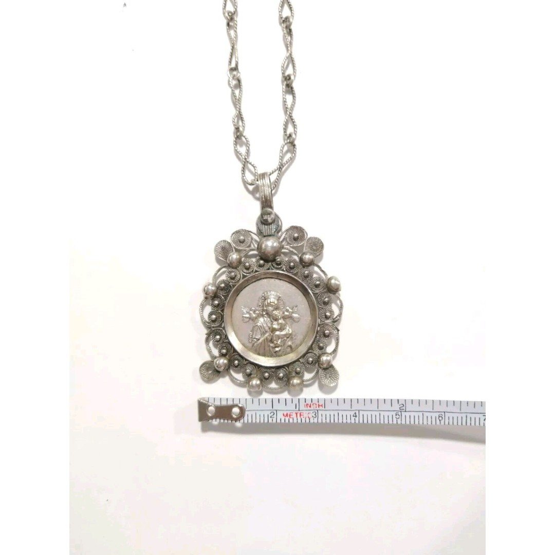 Antique Madonna w Jesus Pendant Medallion Necklace Sterling Religious Victorian