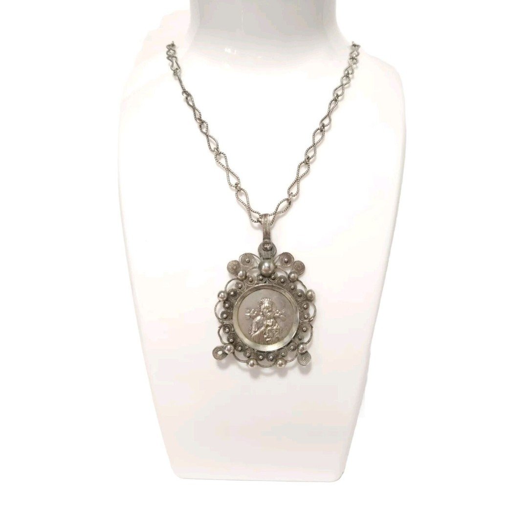 Antique Madonna w Jesus Pendant Medallion Necklace Sterling Religious Victorian