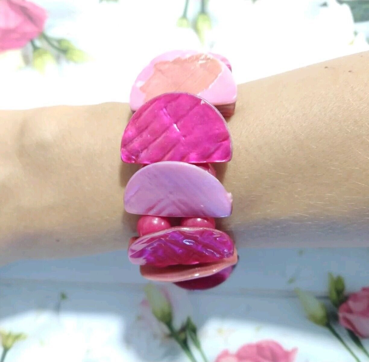 Bohemian Pink Abalone Shell & Bead Stretch Bracelet Beach Coastal