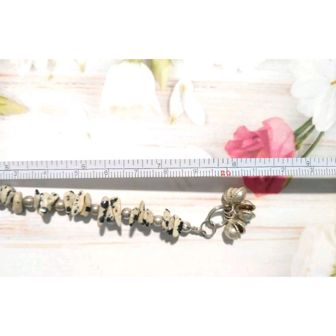 Cream & Black Beads Beaded Bracelet Silver Tone