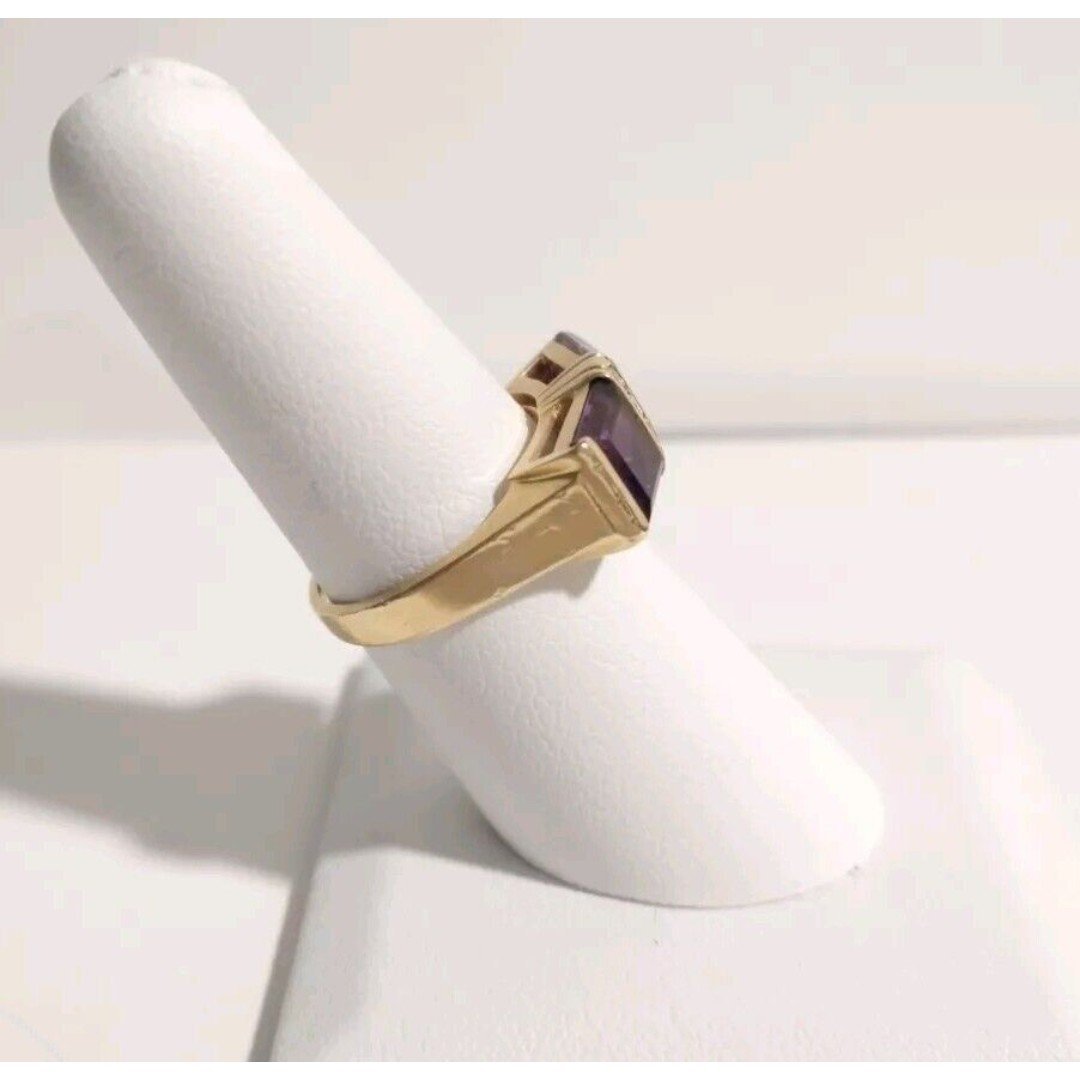 14K Yellow Gold Princess Cut Purple Amethyst and Diamond Ring Men Women Designer