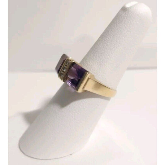 14K Yellow Gold Princess Cut Purple Amethyst and Diamond Ring Men Women Designer