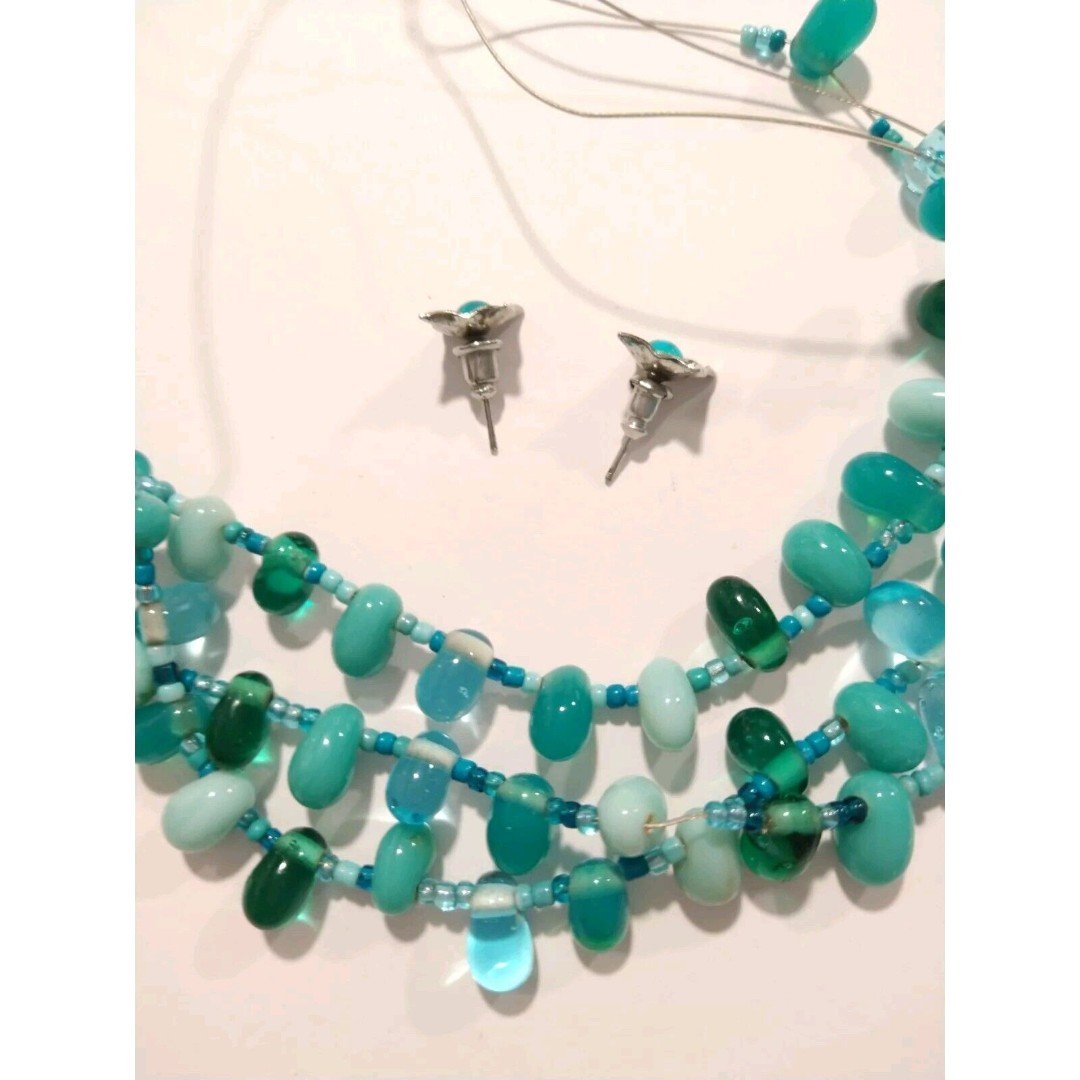 Aqua Blue Green Beaded Layered Necklace & Stud Earrings Set Art Glass Lampwork