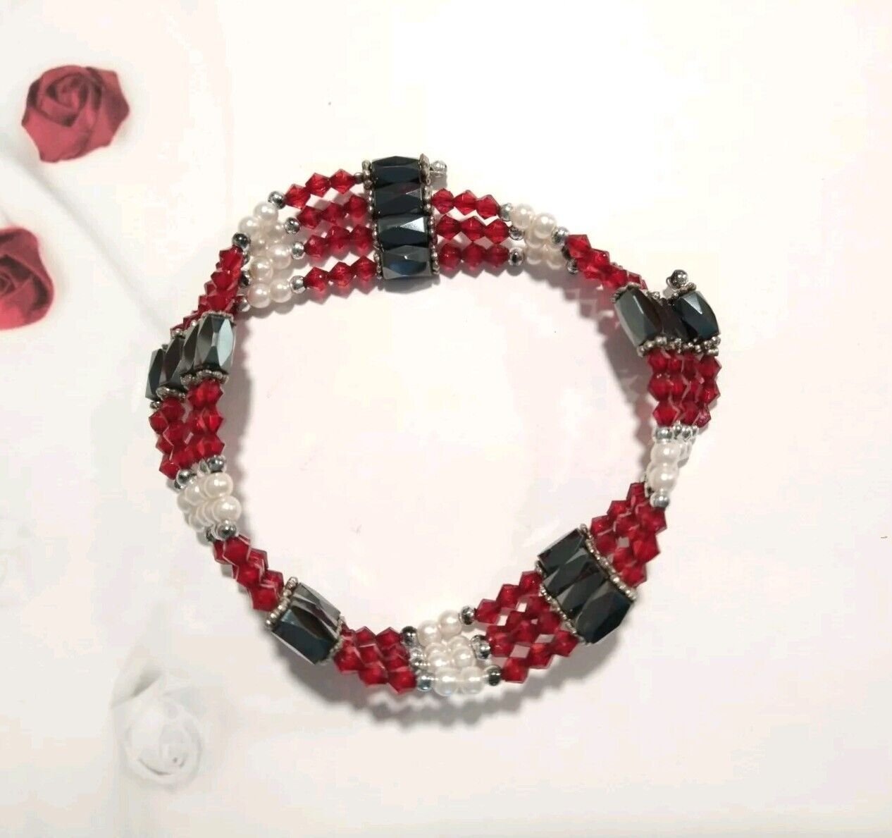Burgundy Red Beads Faux Pearls Magnet Wrap Bracelet Stretch Beaded