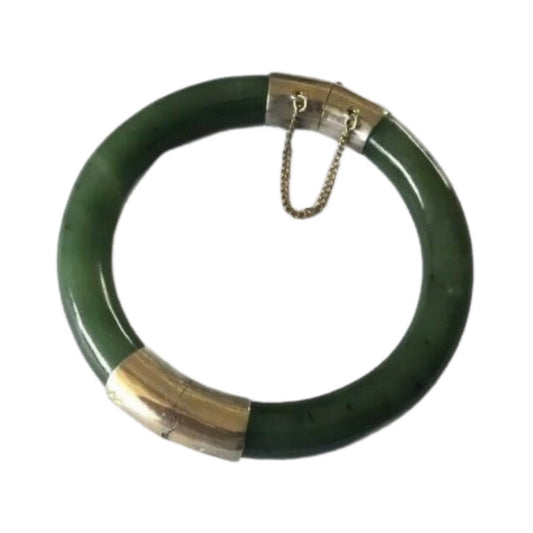 Antique Bangle Bracelet Spinach Green Nephrite Jade Vermeil Gold Sterling Silver