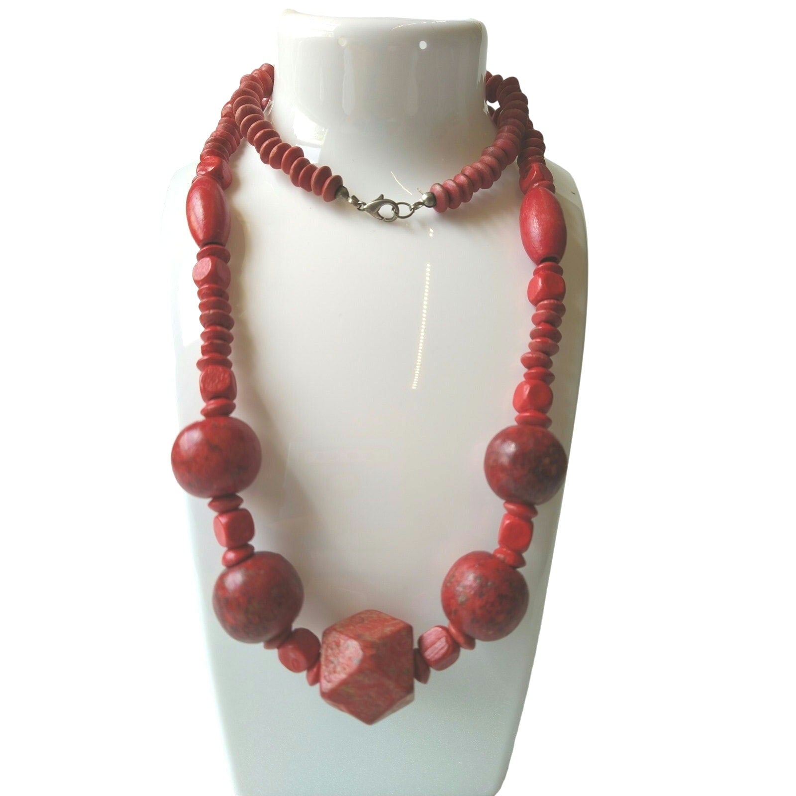 Vintage Boho Statement Necklace Red Graduated Wooden Beads 26"