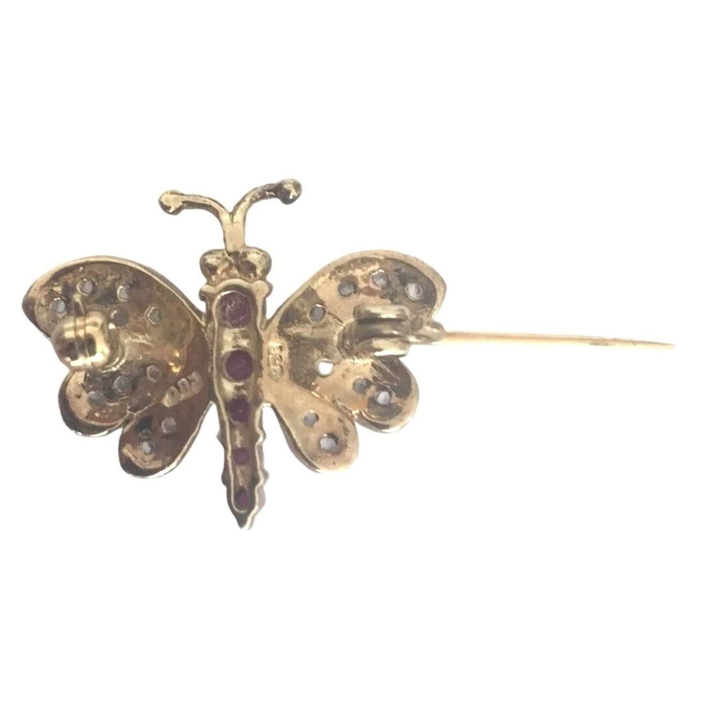Brooch Pin Vintage Butterfly Ruby & Crystals, Vermeil Gold over Sterling Silver