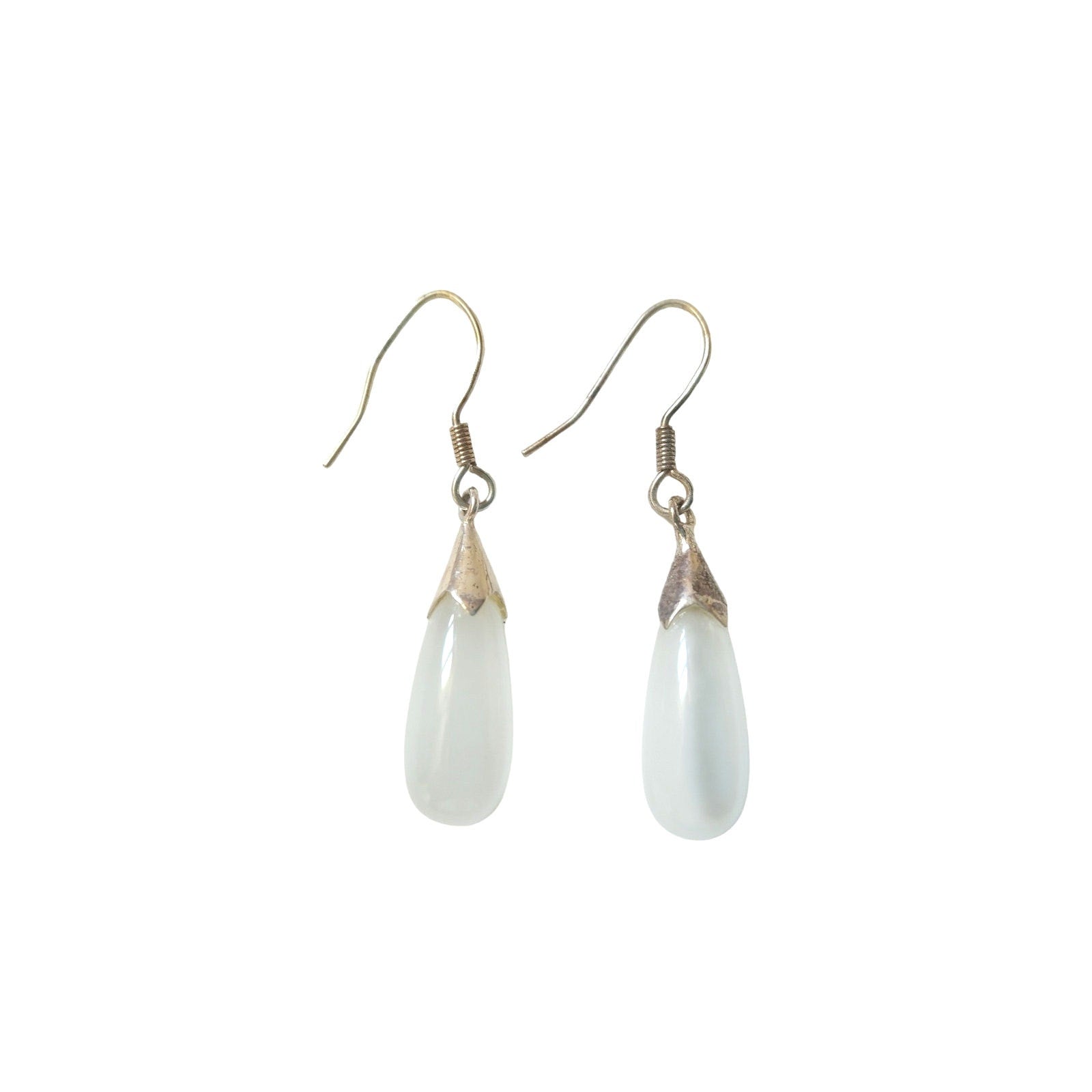 Elegant White Cats Eye Teardrop Dangle Earrings Solid Sterling Silver 925 Hook