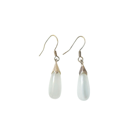 Elegant White Cats Eye Teardrop Dangle Earrings Solid Sterling Silver 925 Hook