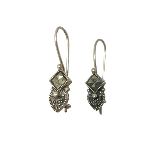 Vintage Marcasite Onyx Heart Dangle Earrings Sterling Silver 925 Hook Earwire