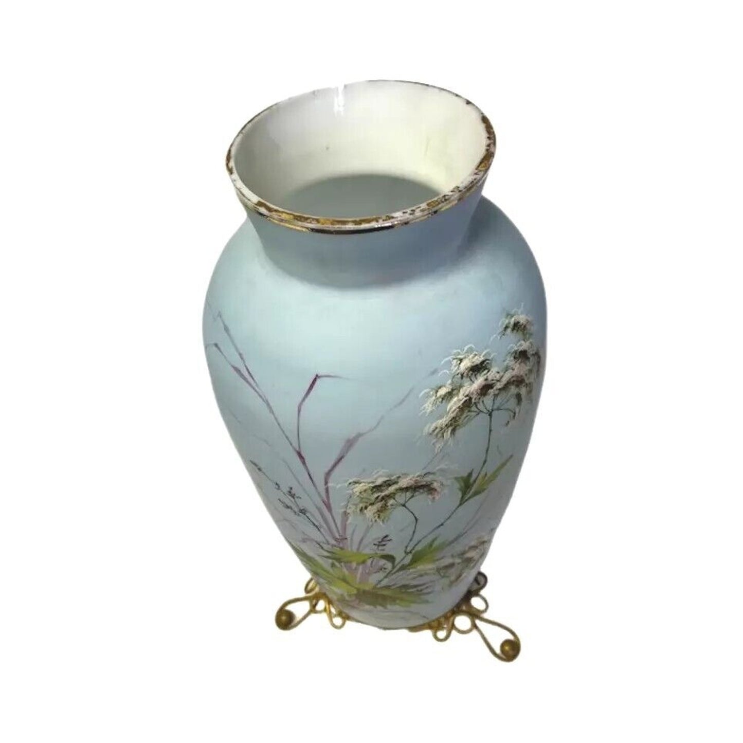 Vintage Japanese Fine Porcelain Light Blue Vase Bouquet Leaves Gold Rim 13"H