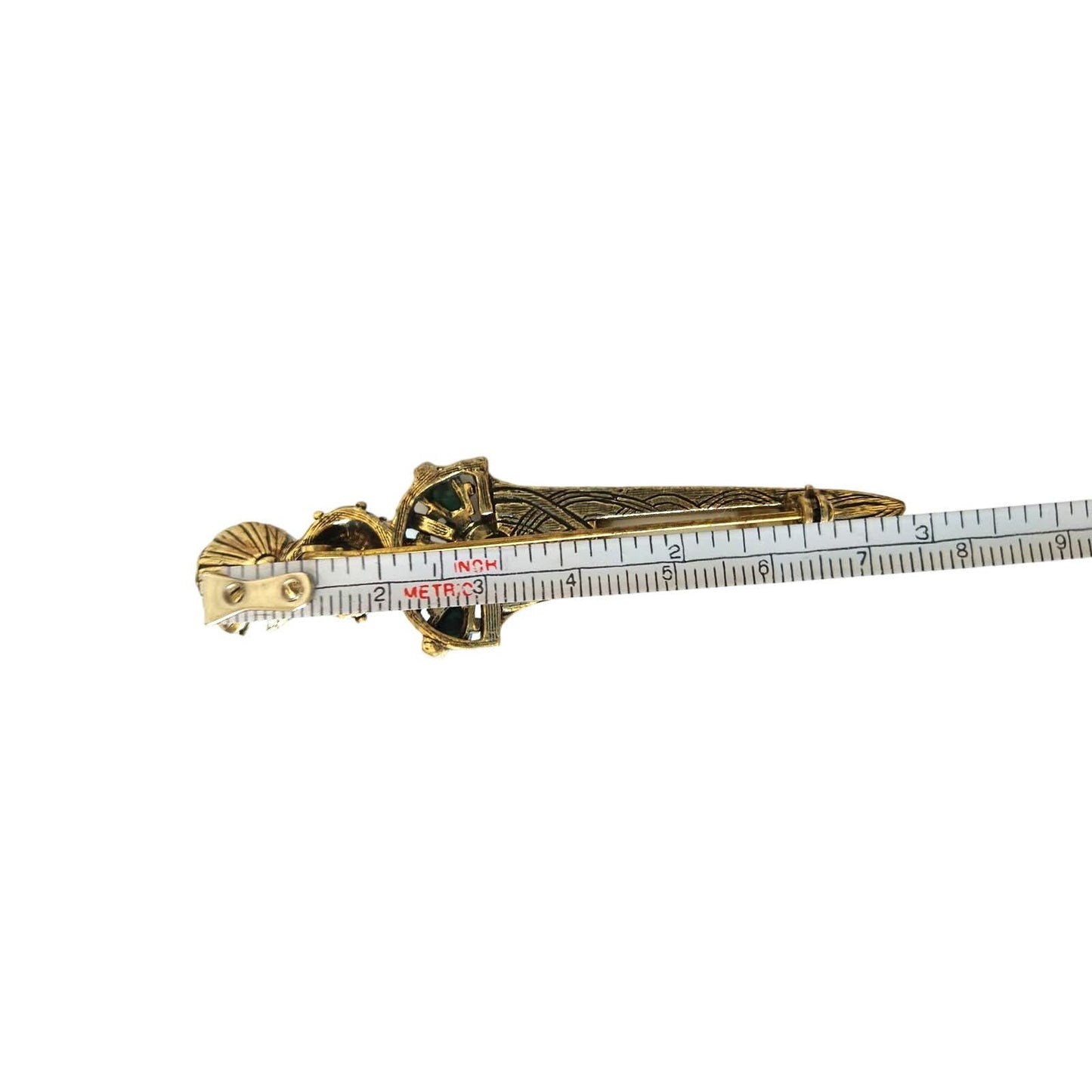Vintage Women's Brooch Lapel Pin Sword Shape Green Jewels Gold Tone Fashion Jewelry