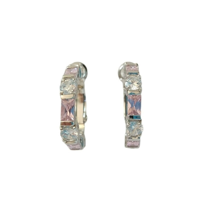 Baguette & Round Cut Lilac & Clear CZ Huggie Earrings Sterling Silver 925 FAS