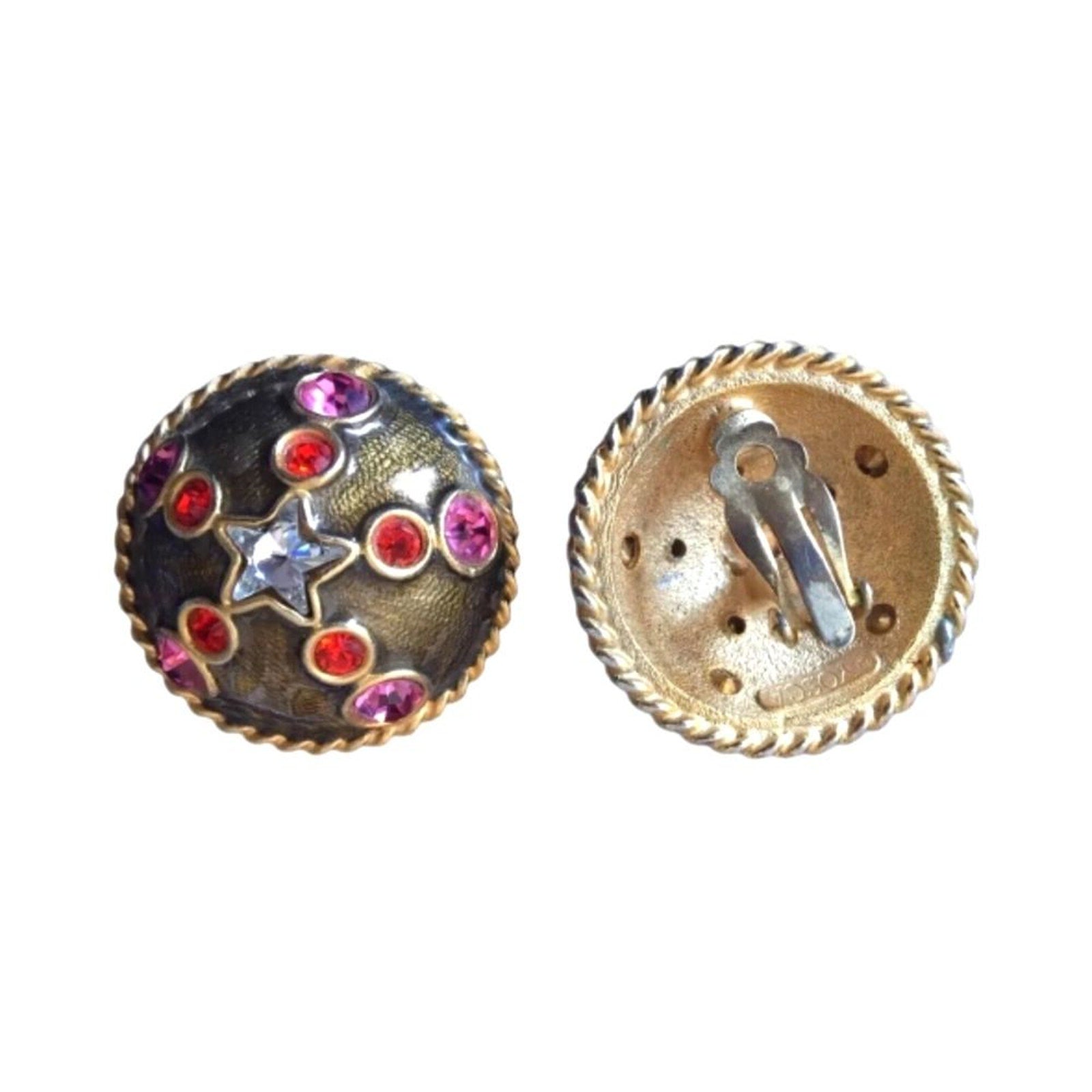 Vintage Gerard Yosca Button Earrings Gold Plated Enamel Crystals Clip On