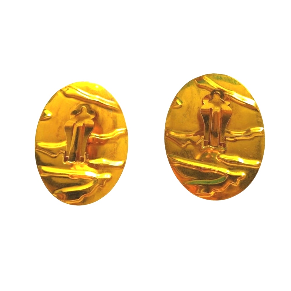 Vintage Retro Oval Green Enamel Yellow Gold Plated Stud Earrings Clip On