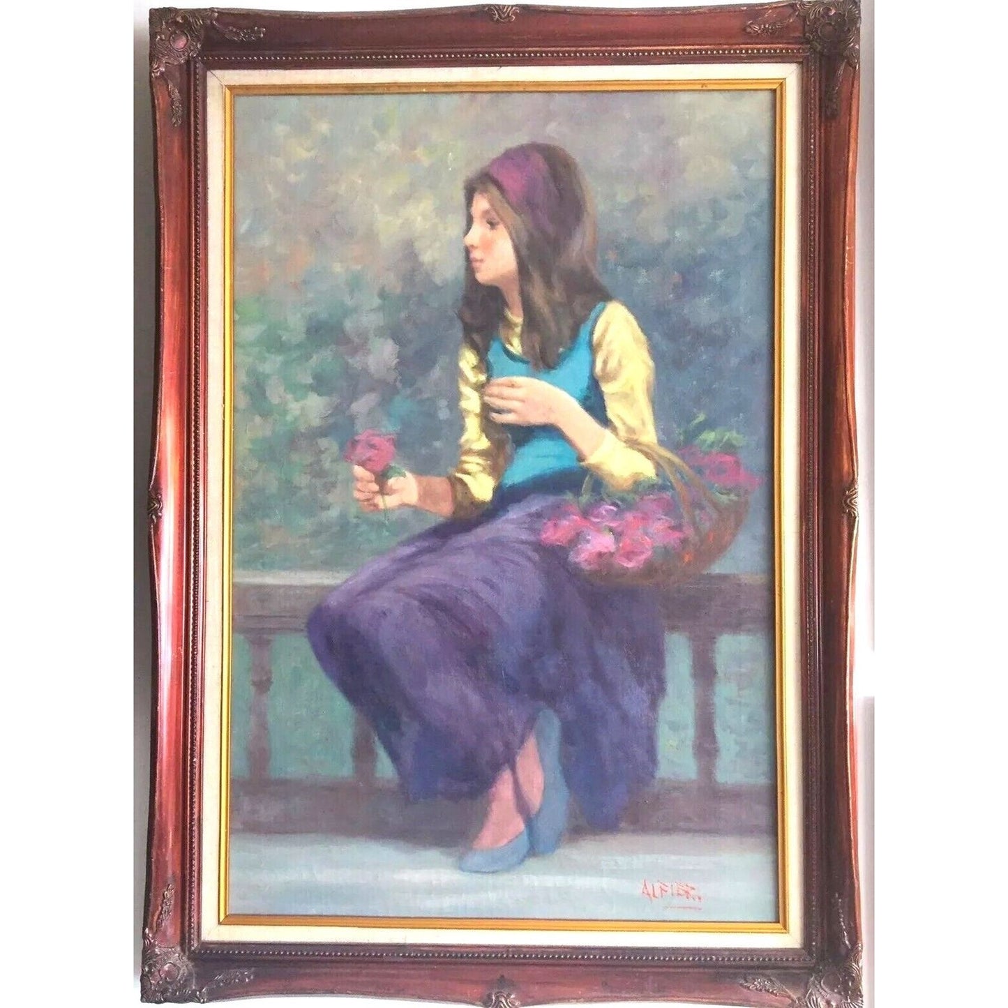 Painting Philippe Alfieri Girl With Roses Oil On Canvas Signed 1960s Italian