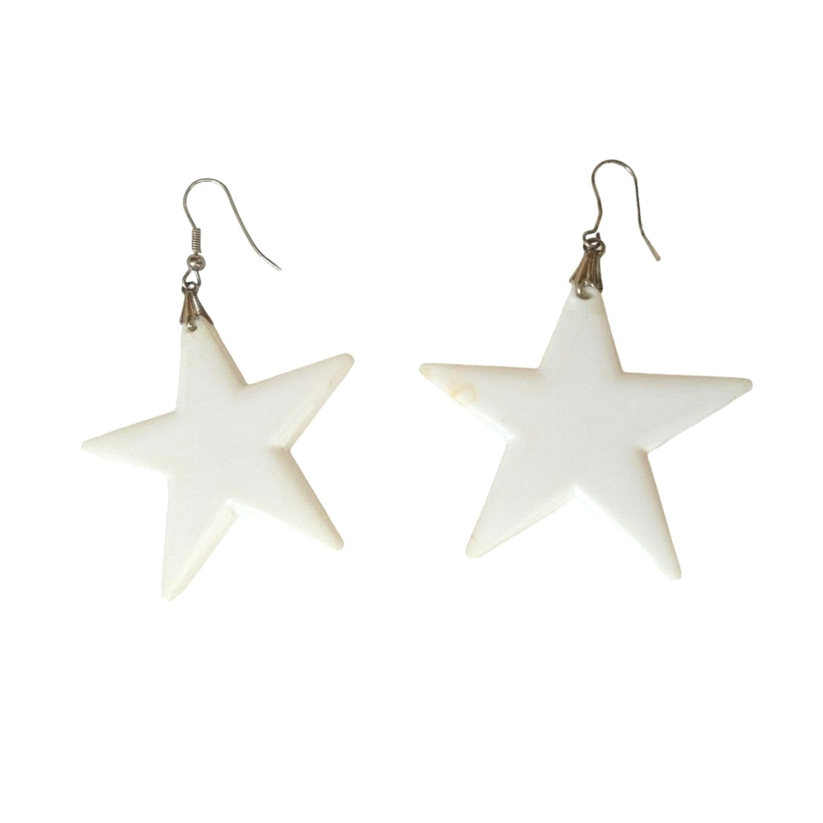 Vintage 80s White Bakelite Stars Star Dangle Statement Earrings Silver Tone Hook