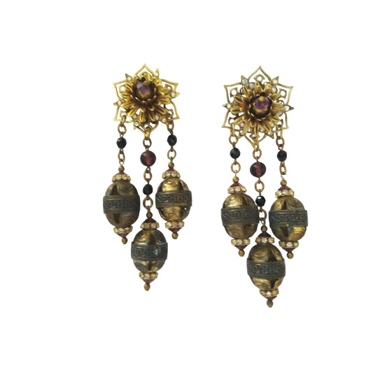 Vintage Ethnic Chandelier Dangle Bells Earrings Clip On Gold Plated Beaded