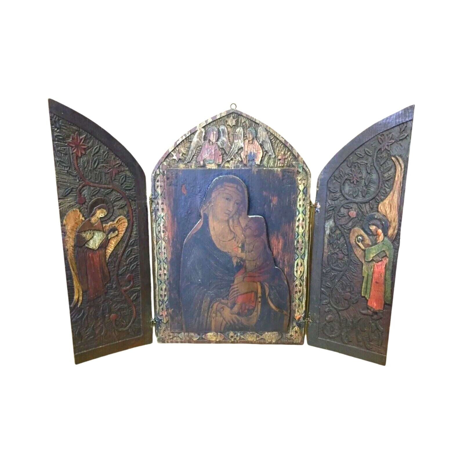 Antique Russian Christian Orthodox Triptych Icon Mother Virgin Madonna Jesus
