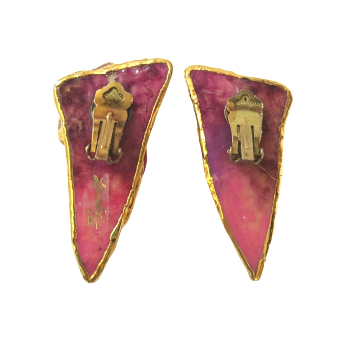 Vintage Amy Lacombe Pink Purple Flower Dangle Earrings Yellow Gold Plated Clip