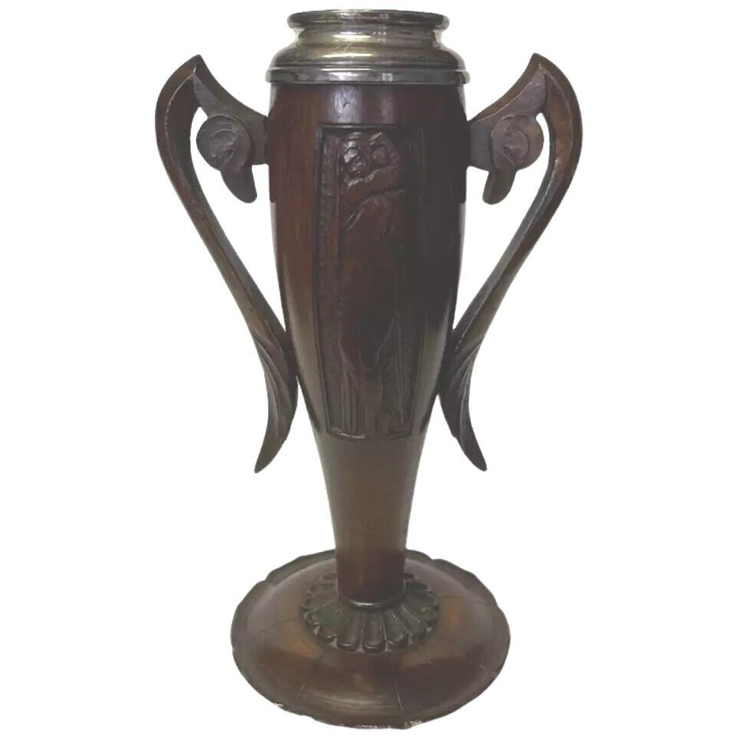 Antique Secession Urn Shape Trophy Vase Two Handles Carved Wood Rare Unique