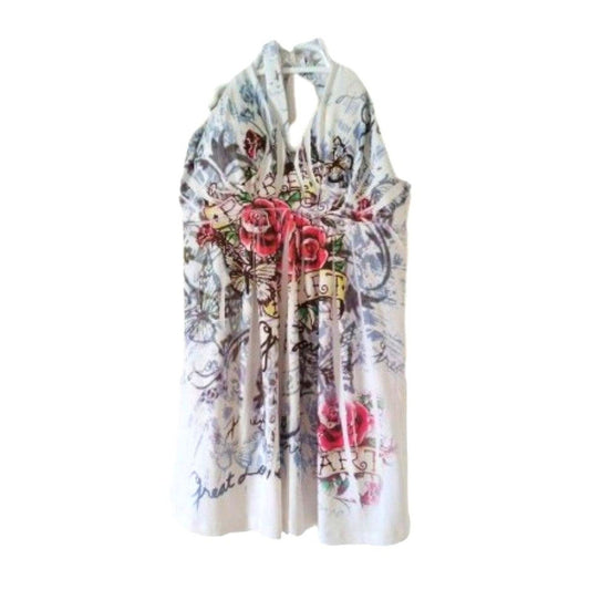O'lala White Rose and Butterfly Backless Women's T-Shirt Tank Top (Size L) Large