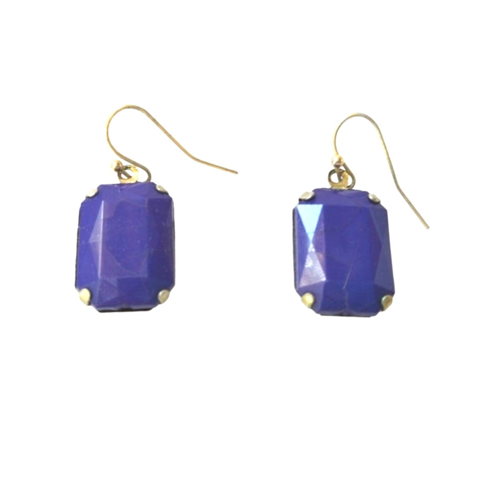 Vintage Cushion Cut Purple Navy Rhinestone Dangle Earrings Gold Tone Hooks