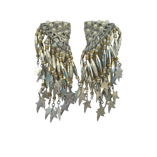 Vintage Women's Chandelier Star Earrings Faux Pearls Silver Tone Clip On