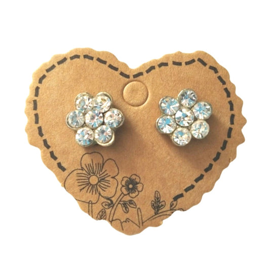 Vintage Round Cut Clear Rhinestones Flower Stud Earrings Silver Plated Posts