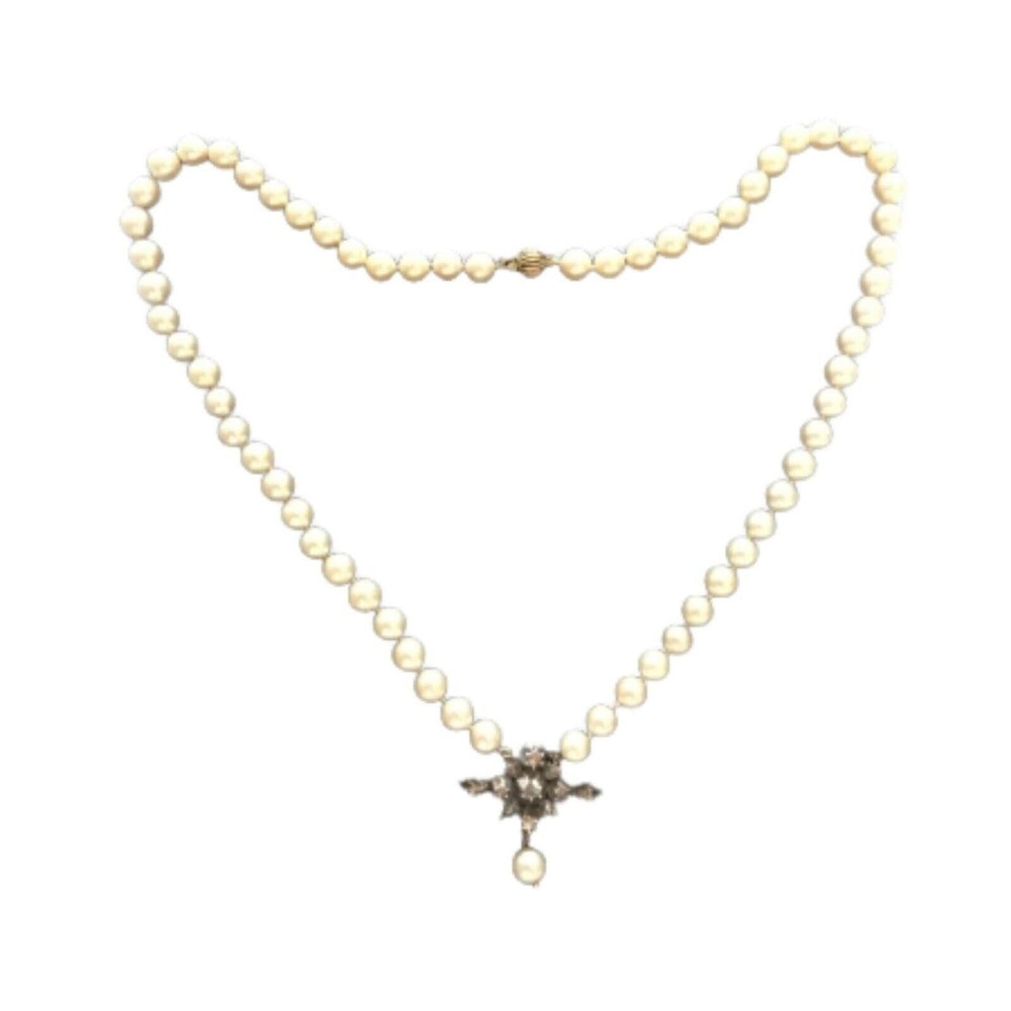 Antique Natural Pearl Necklace Rose Cut Diamonds 14K Gold Silver Victorian 1880s