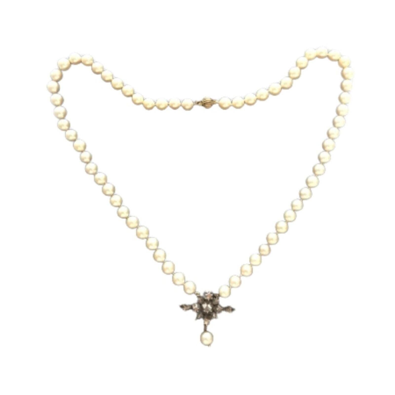 Antique Natural Pearl Necklace Rose Cut Diamonds 14K Gold Silver Victorian 1880s
