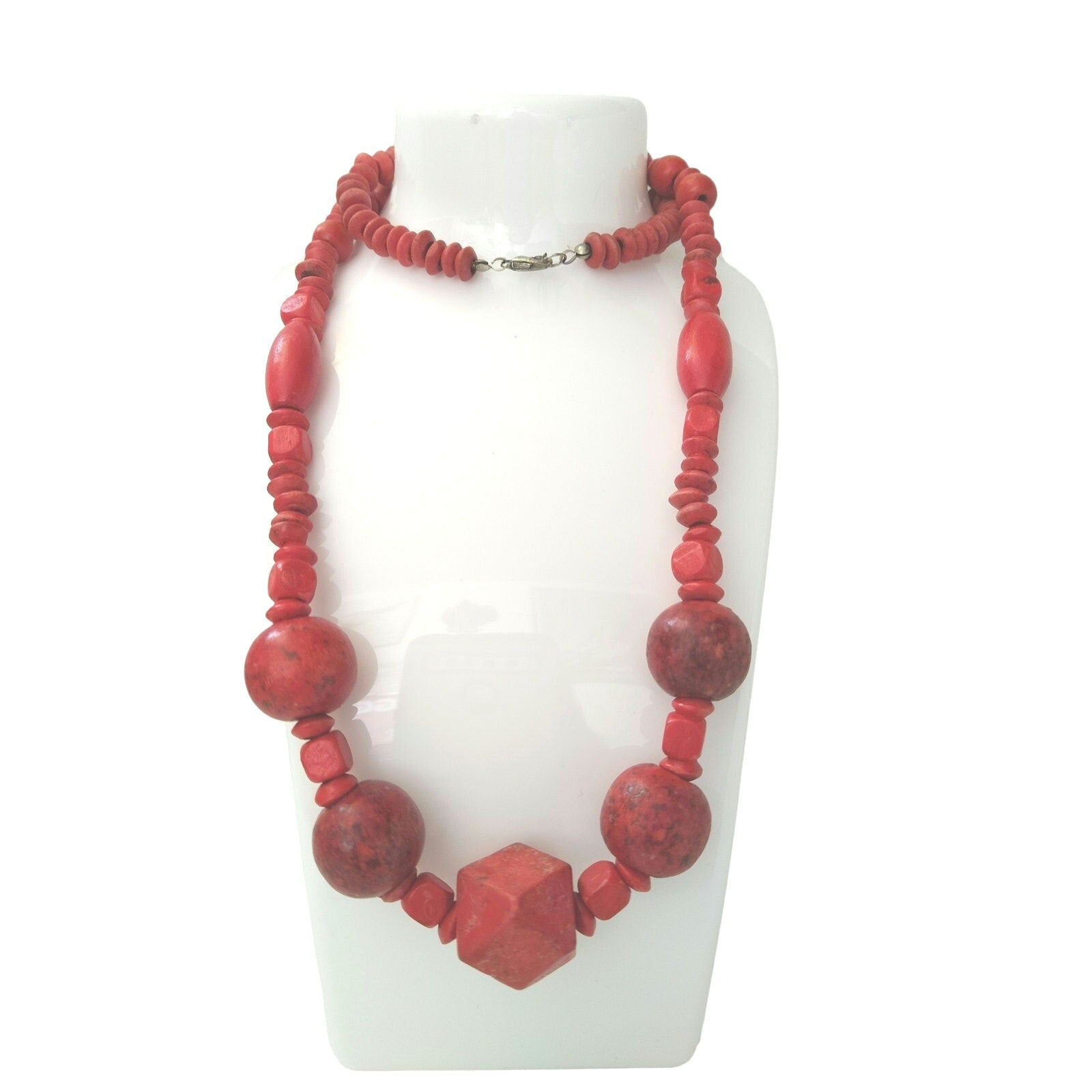 Vintage Boho Statement Necklace Red Graduated Wooden Beads 26"