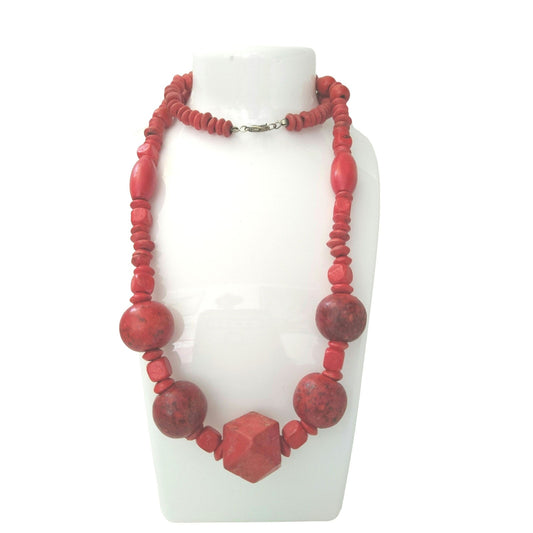 Vintage Boho Statement Necklace Red Graduated Wooden Beads 26"