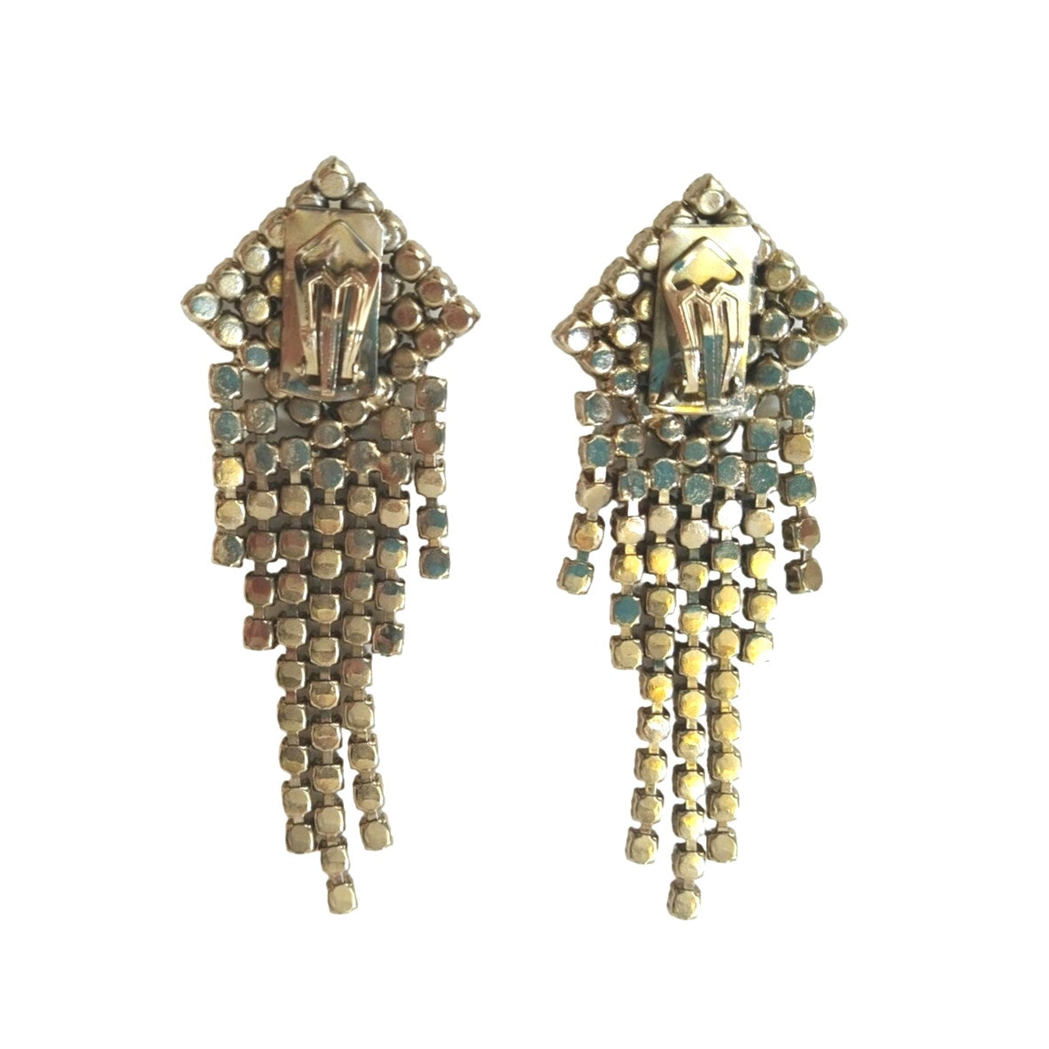 Vintage Sparkle Clear Rhinestone Chandelier Dangle Earrings Silver Tone Clip On