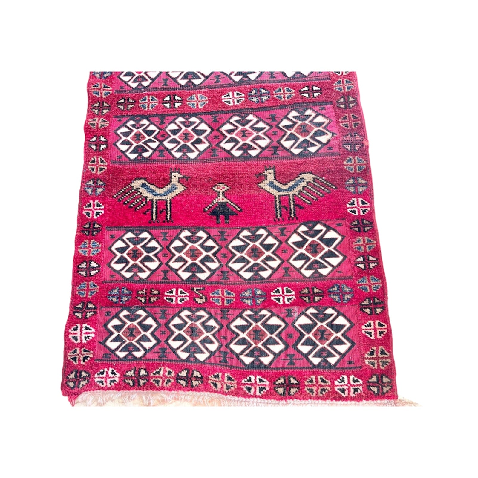 Vintage Hand-Knotted Wool Red Geometric Birds Ethnic Carpet Rug Kilim 54"X32"