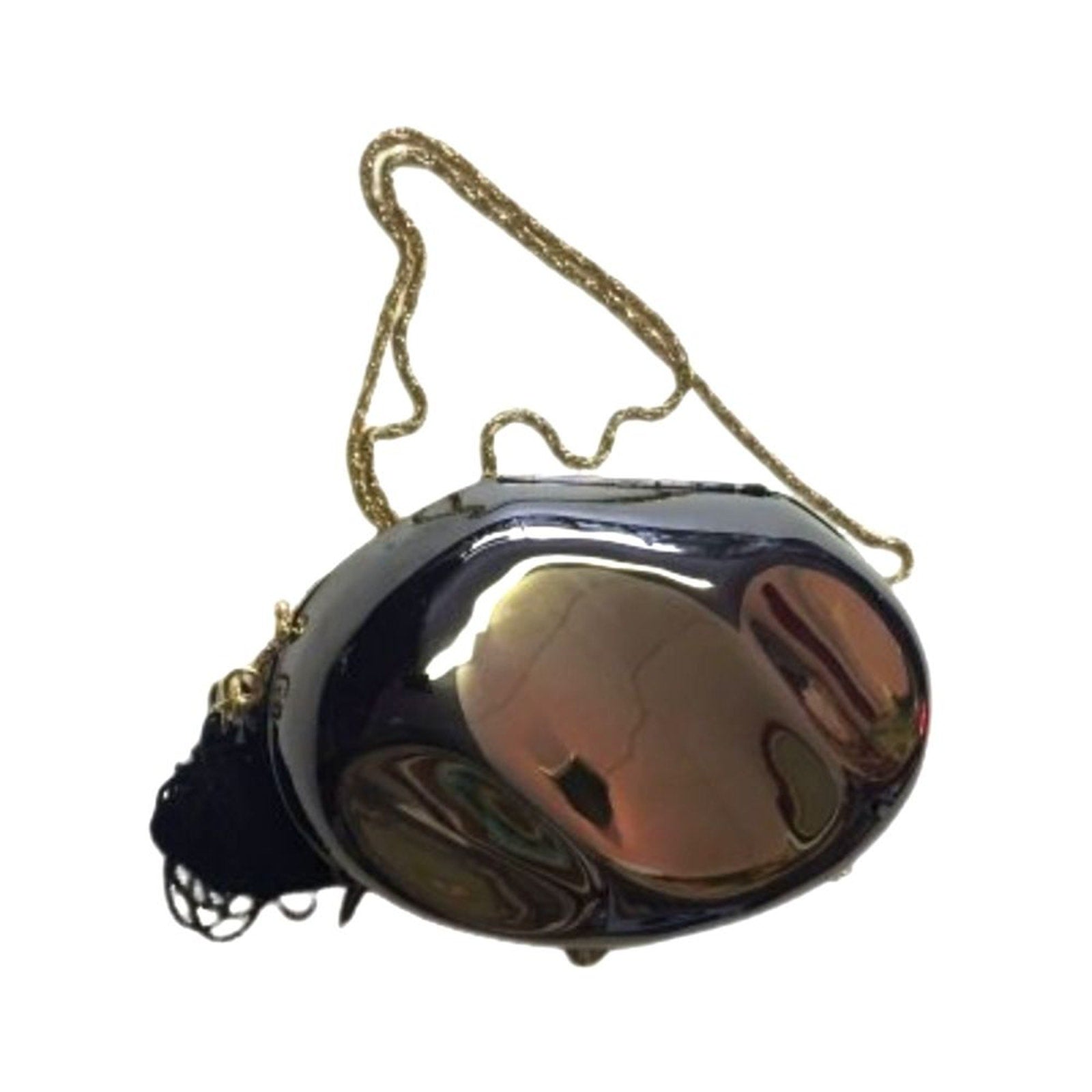 Vintage Brown Metallic Oval Clutch Purse Bag Gold Chain Strap Tassel Elegant
